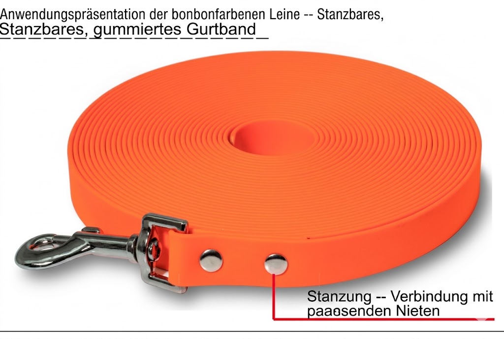 Präsentation der Anwendung der bonbonfarbenen Leine – stanzbares, gummiertes Gurtband